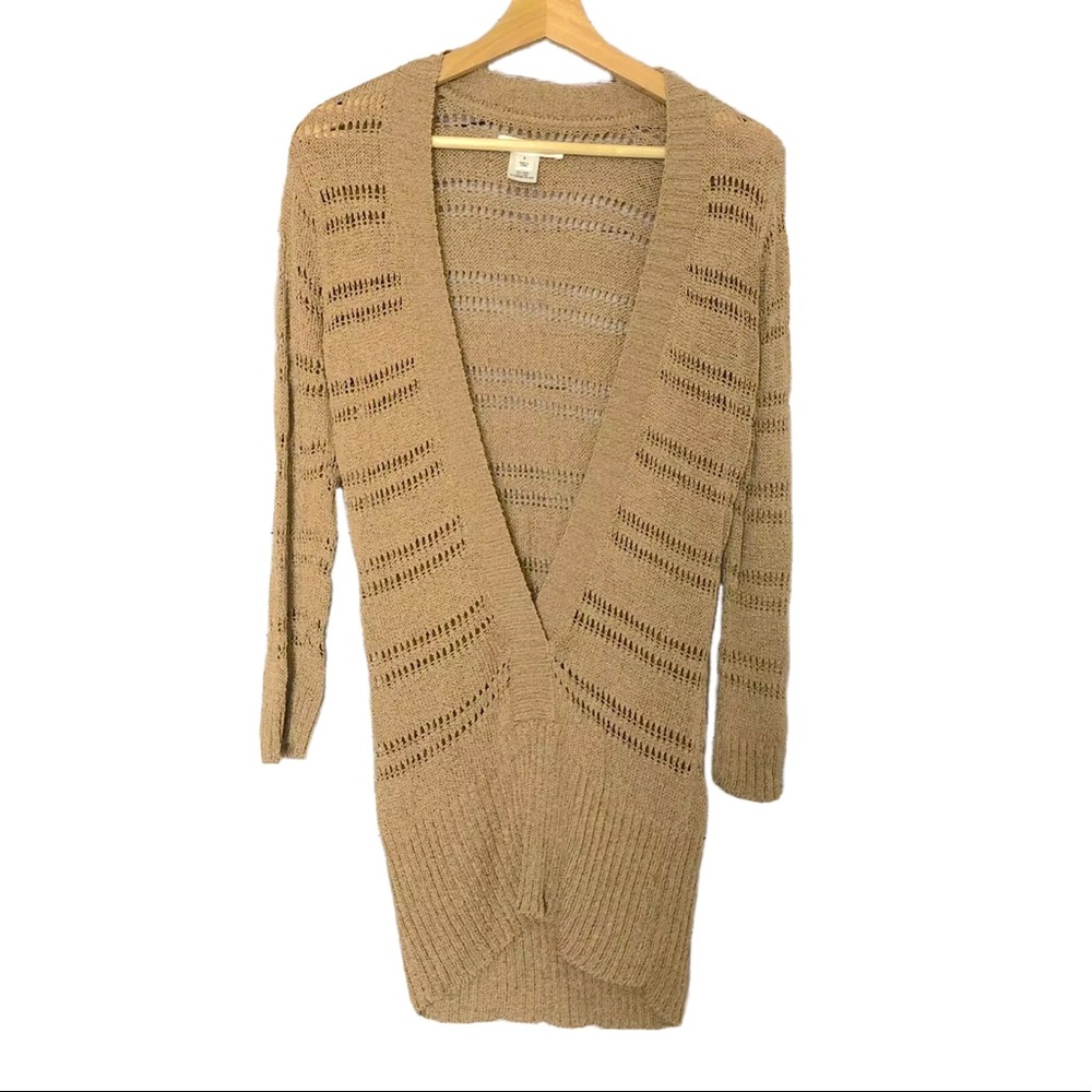 WHBM Open Knit Pullover Sweater Deep V-Neck Fitted Stretchy Tan Sz S